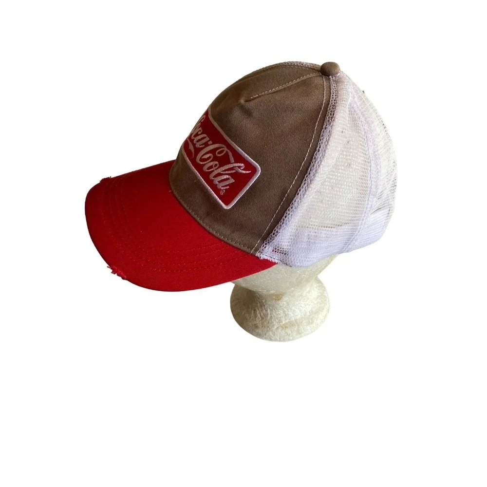 Coca Cola Khaki Red Distressed Meshback Hat Cap‎ Adjustable